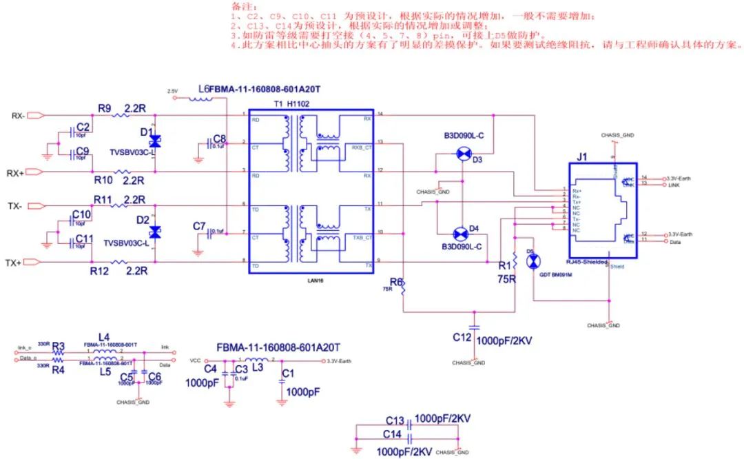以太网EMC(浪涌)设计标准电路(差模要求较高方案)